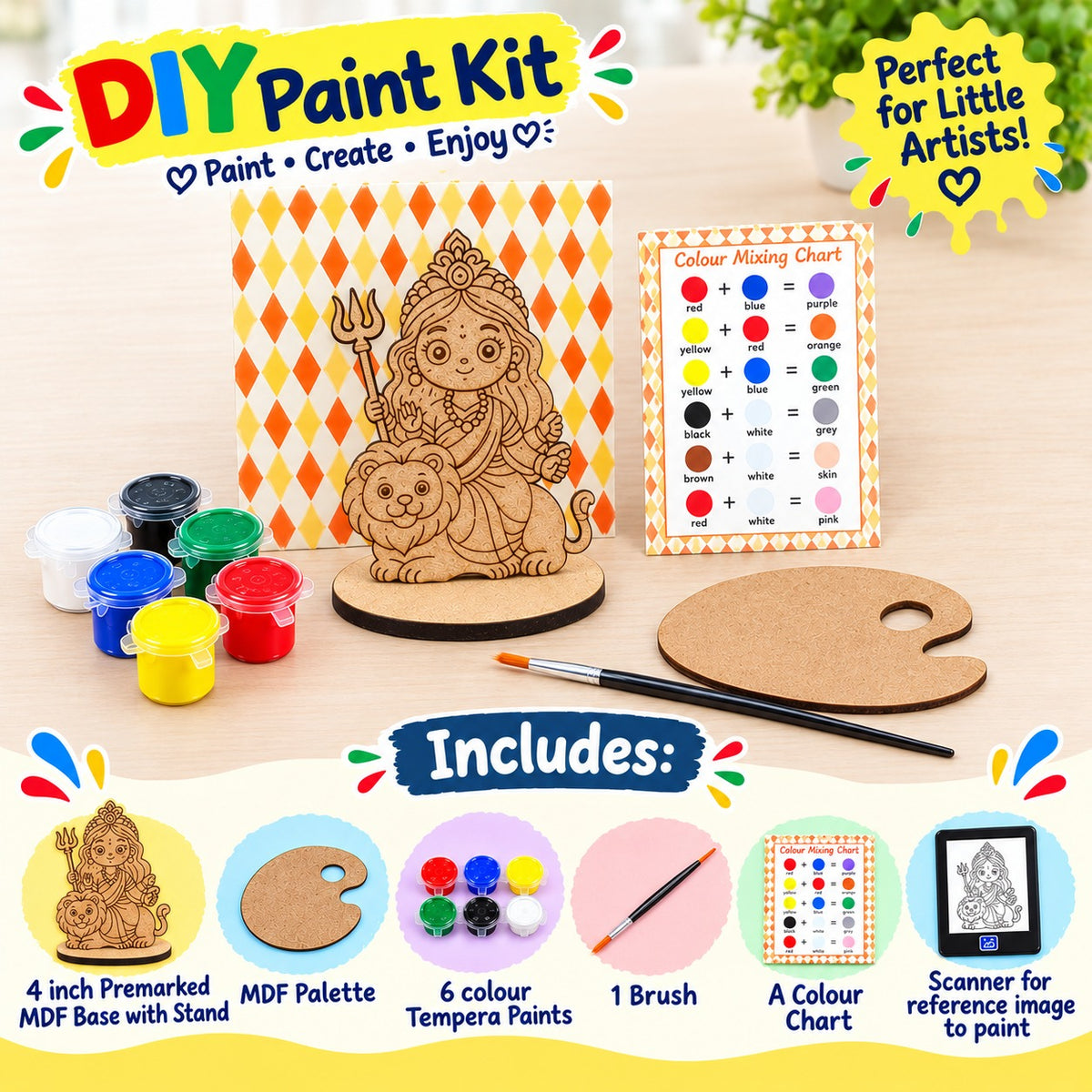 DIY MDF Painting Kit for Kids | Navratri Kanjak & Kanya Pujan Gifts | Art & Craft Return Gift for Girls & Boys | Durga and Lion DIY Kit