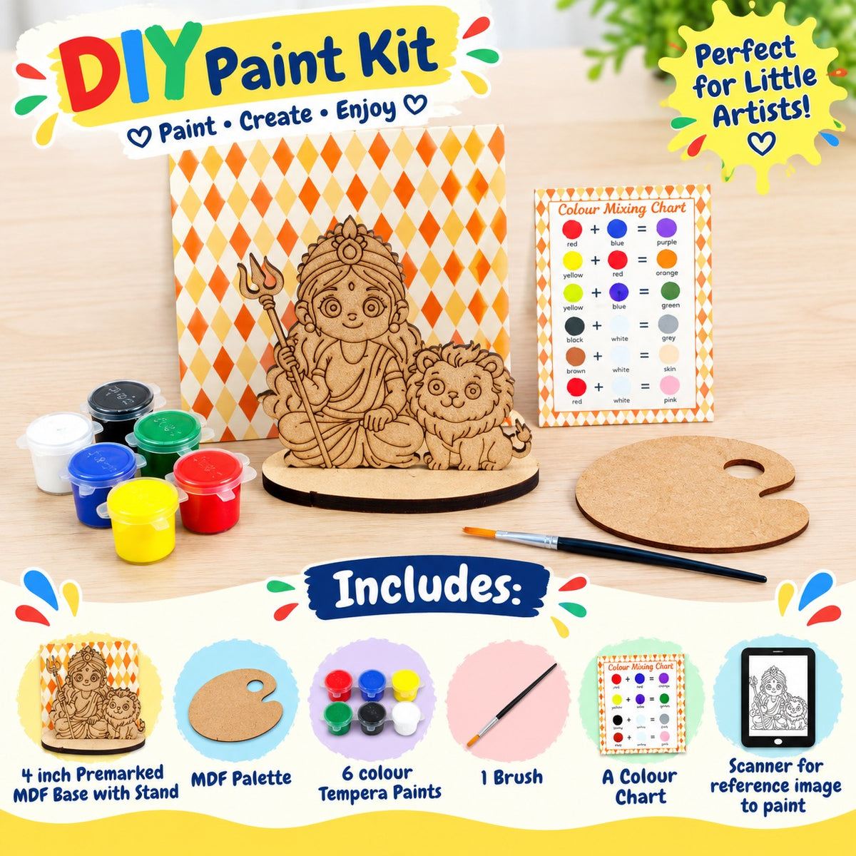 DIY MDF Painting Kit for Kids | Navratri Kanjak & Kanya Pujan Gifts | Art & Craft Return Gift for Girls & Boys | Durga and Lion DIY Kit