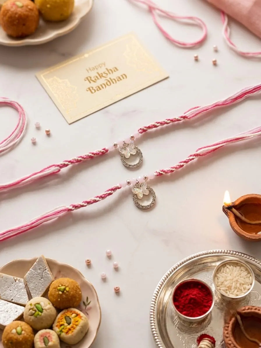 Two pink and white braided Rakhi strings with silver butterfly-shaped charms, arranged on a light marble surface with festive sweets, a diya, and a gold greeting card reading 'Happy Raksha Bandhan'.
