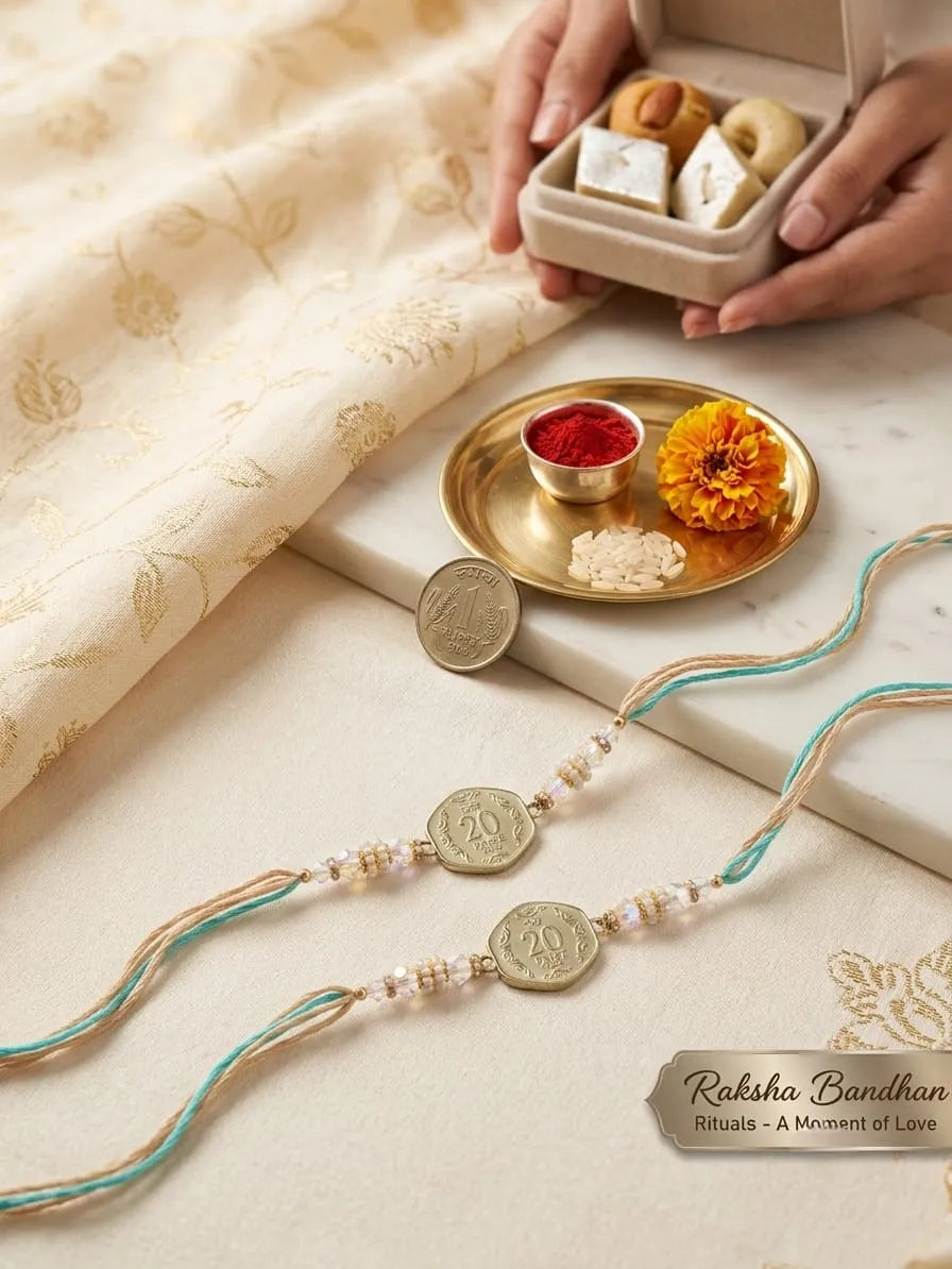 Two Rakhi strands with gold coins and beads are laid out on a cream surface next to a brass plate with red powder and a marigold flower, with hands holding a box of sweets in the background.