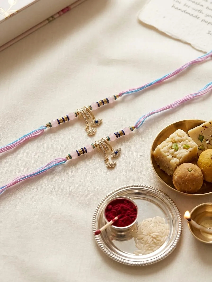 Two traditional Indian Rakhi string bracelets with gold-toned paisley charms and colorful beads, displayed on a cream fabric alongside sweets, a silver tray with red powder, and a lit candle.