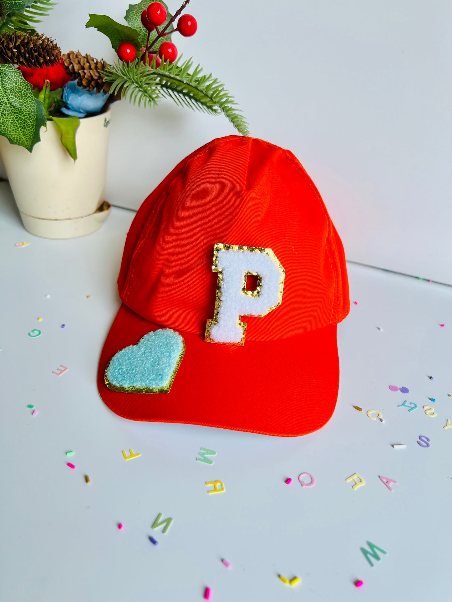 HOK Personalised Cap with Initial Gold Chenille Patches Letter Alphabet