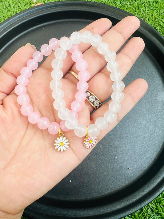 Beautiful Pink and White Pair Bracelet with Flower Charm - Set of 2