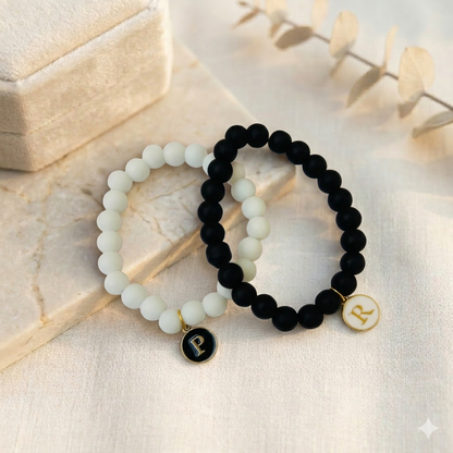 Black and White Matching Pair Bracelet with Initial - Enter Initials in Textbox below Size Selection for Personalisation - Set of 2