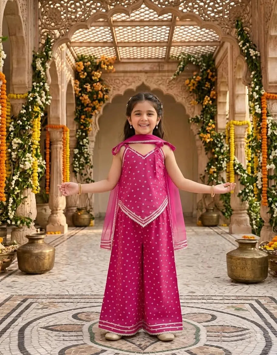 A young girl stands in a decorated courtyard wearing a bright pink traditional outfit with white polka dots and a matching sheer dupatta. The background features ornate arches, floral garlands, and brass pots.