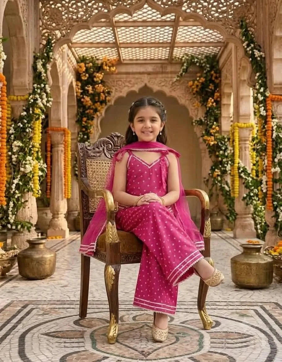 A young girl wearing a bright pink traditional outfit with white polka dots and a matching dupatta sits on an ornate wooden chair in a decorated courtyard with floral arches and brass pots.