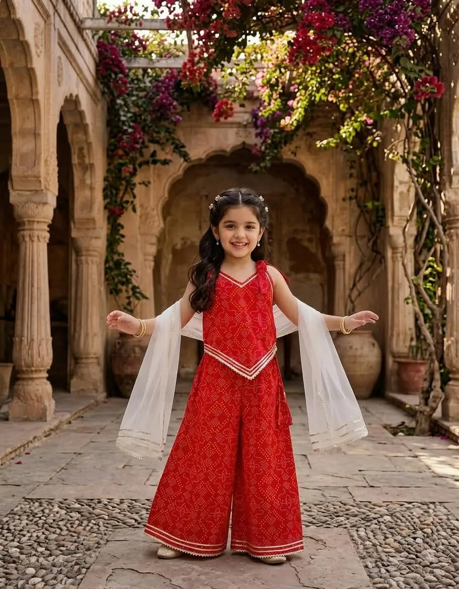 A young girl stands in a stone courtyard with arches and hanging flowers, wearing a red patterned sleeveless outfit with wide legs and white sheer draped sleeves.