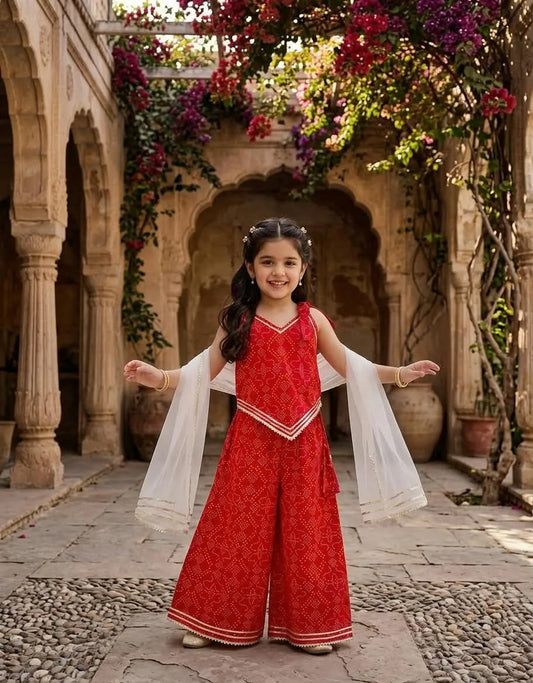 A young girl stands in a stone courtyard with arches and hanging flowers, wearing a red patterned sleeveless outfit with wide legs and white sheer draped sleeves.