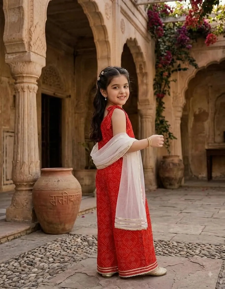 A young girl stands in a courtyard wearing a red embroidered kurta and wide-leg pants with a white dupatta. The setting features sandstone arches, large terracotta pots, and climbing purple flowers.