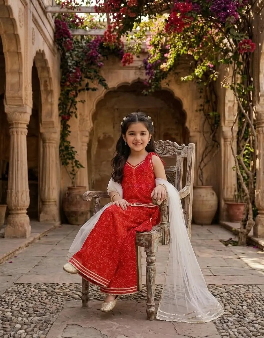 A young girl with long dark hair sits on an ornate wooden chair in a stone courtyard, wearing a red sleeveless traditional outfit with white sleeves and a white dupatta. The background features arches, stone pillars, and lush greenery with hanging flowers.