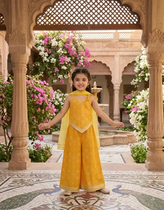 A young girl stands in a courtyard wearing a bright yellow traditional outfit with a matching yellow dupatta. The setting features ornate stone arches, a patterned tile floor, and abundant pink and white flowers.