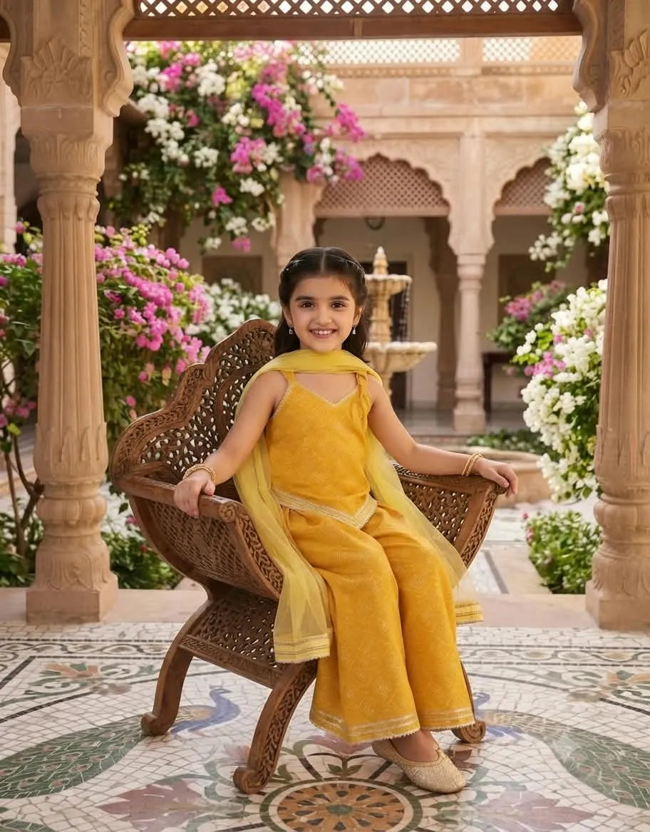 A young girl wearing a traditional yellow Indian salwar kameez suit with a matching dupatta, sitting on a carved wooden chair in an ornate courtyard with stone pillars and pink and white flowers.