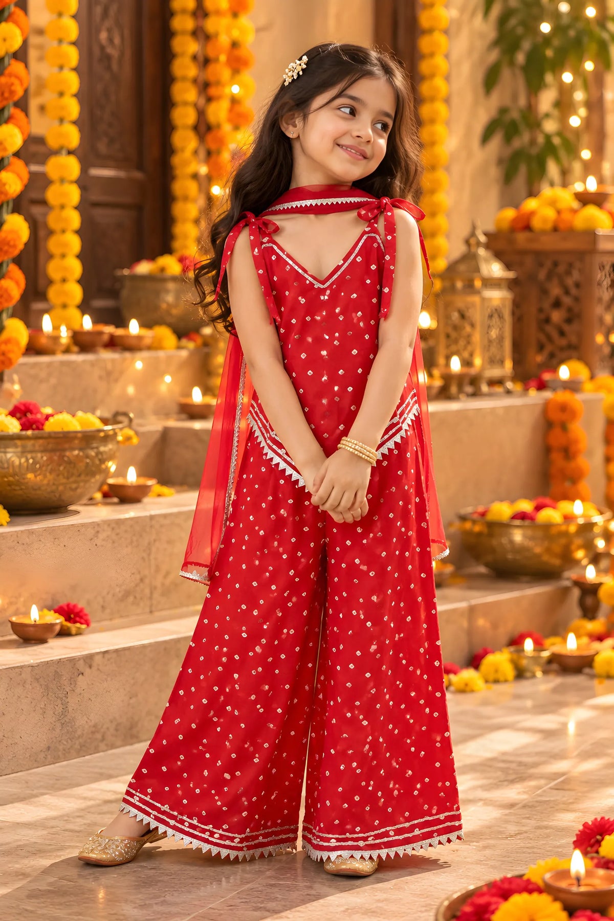 Girls Cotton Bandhani Ethnic Set | 3-Piece Indo Western Outfit