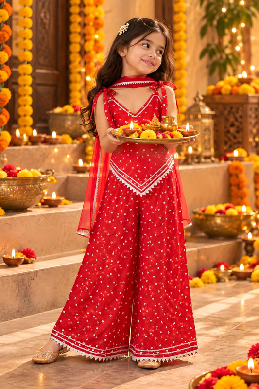 Girls Cotton Bandhani Ethnic Set | 3-Piece Indo Western Outfit
