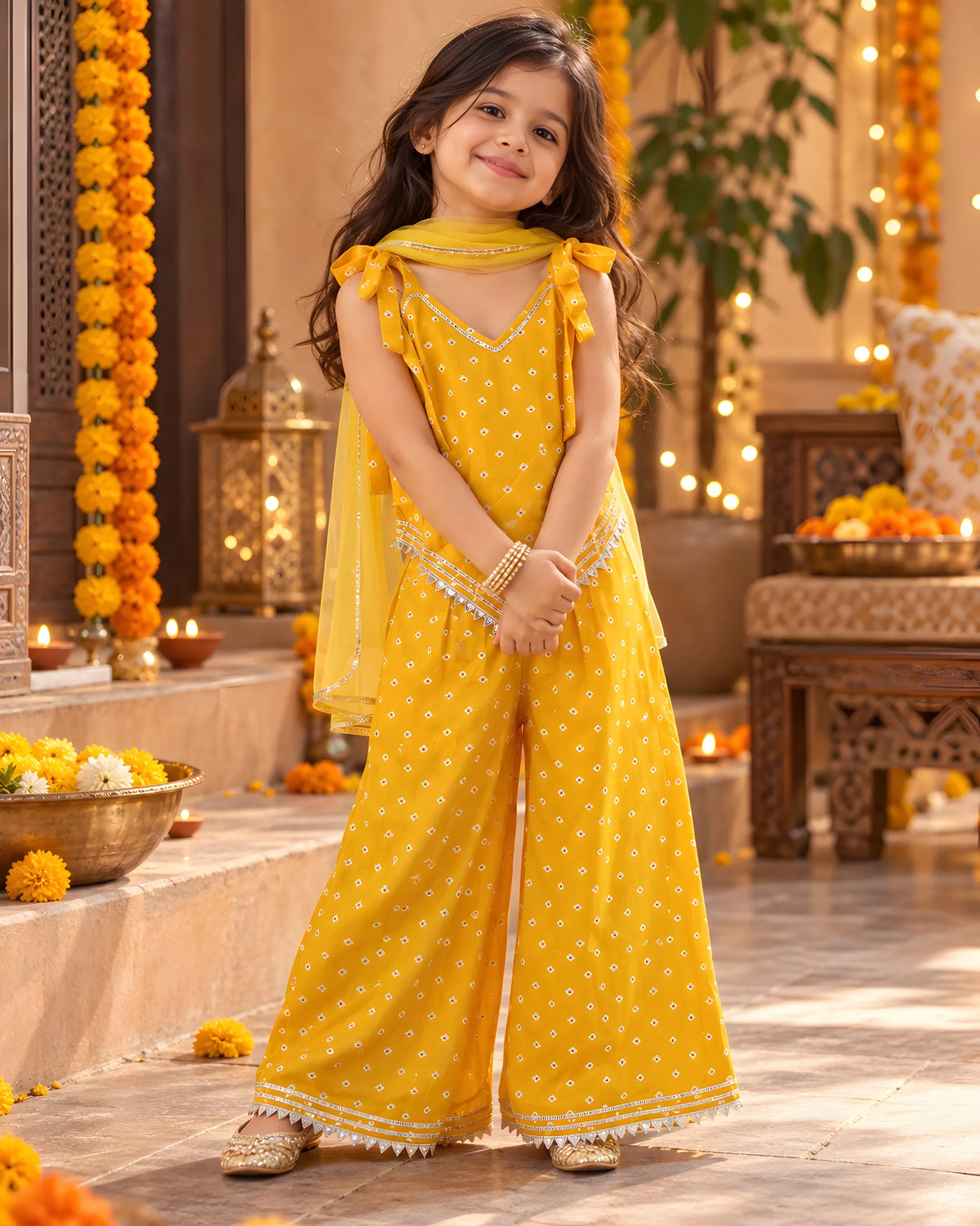 Girls Cotton Bandhani Ethnic Set | 3-Piece Indo Western Outfit