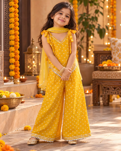 Girls Cotton Bandhani Ethnic Set | 3-Piece Indo Western Outfit