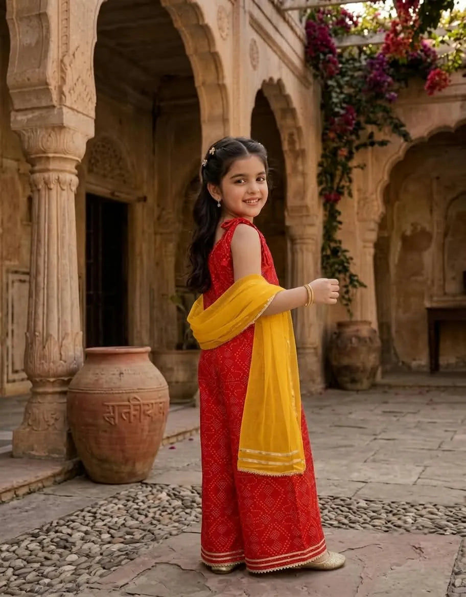 Girls Cotton Bandhani Ethnic Set | 3-Piece Indo Western Outfit- Back Image