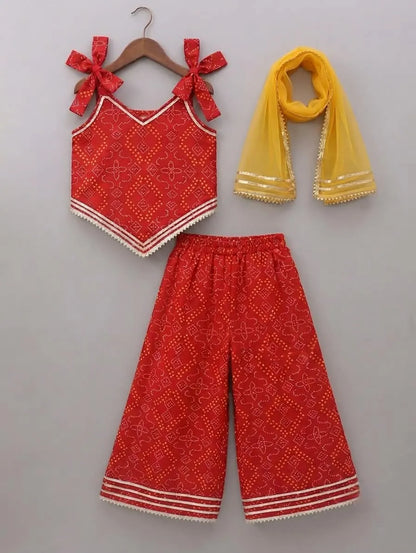 Girls Cotton Bandhani Ethnic Set | 3-Piece Indo Western Outfit- Front Image Red