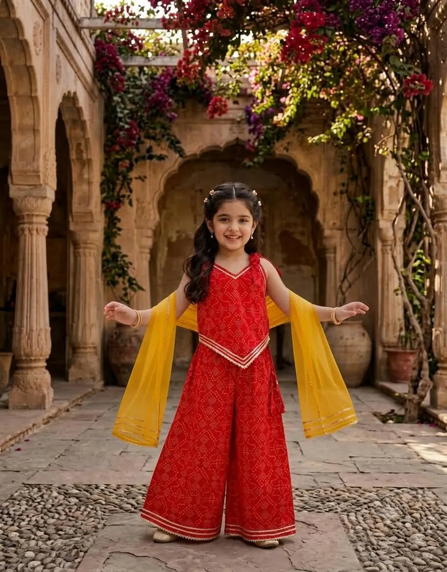 Girls Cotton Bandhani Ethnic Set | 3-Piece Indo Western Outfit- Red