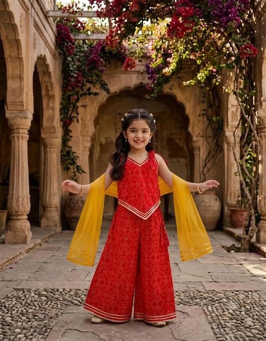 Girls Cotton Bandhani Ethnic Set | 3-Piece Indo Western Outfit- Red