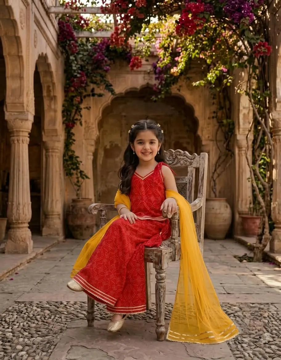 Girls Cotton Bandhani Ethnic Set | 3-Piece Indo Western Outfit Red Sitting Image