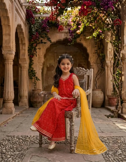 Girls Cotton Bandhani Ethnic Set | 3-Piece Indo Western Outfit Red Sitting Image
