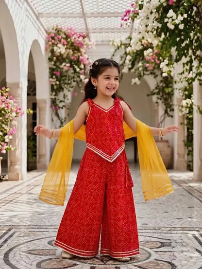 Girls Cotton Bandhani Ethnic Set | 3-Piece Indo Western Outfit