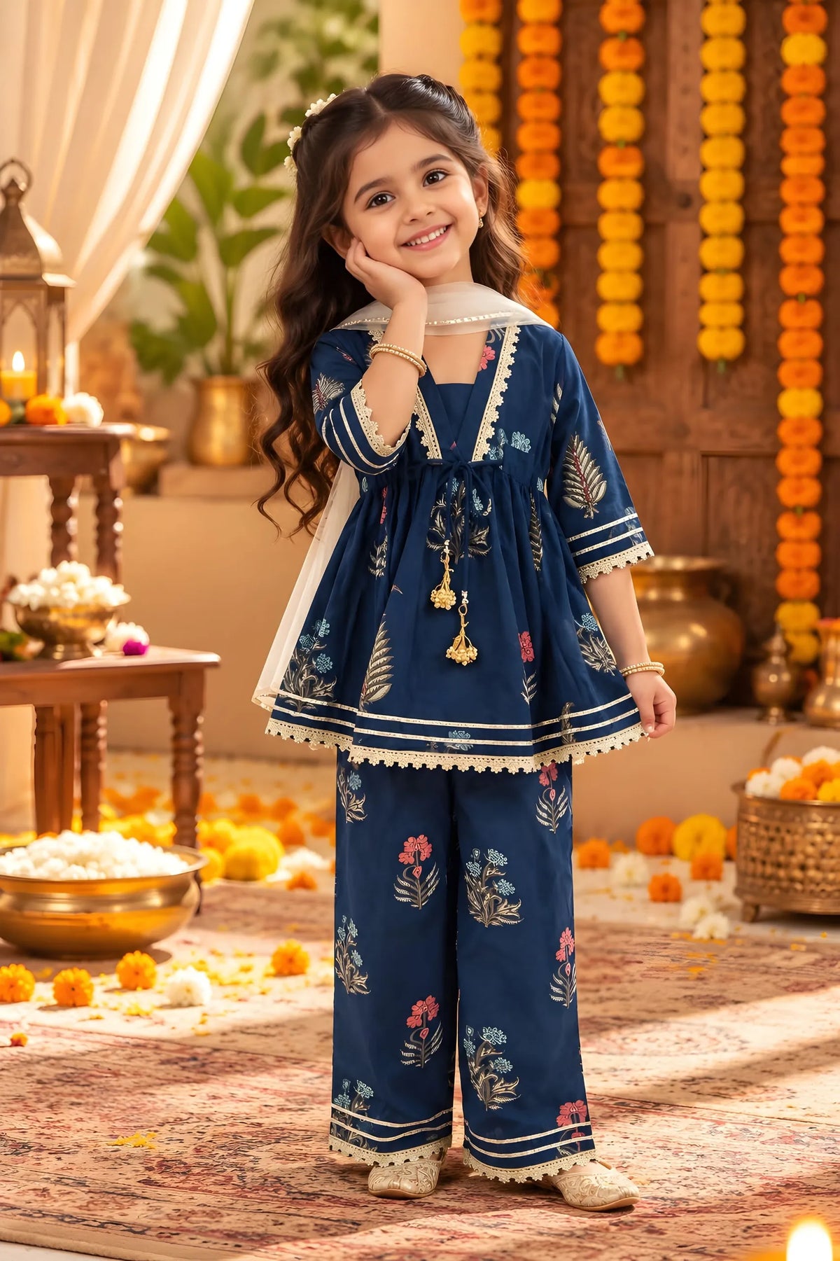 Girls Cotton Floral Kurta Palazzo Set with Dupatta