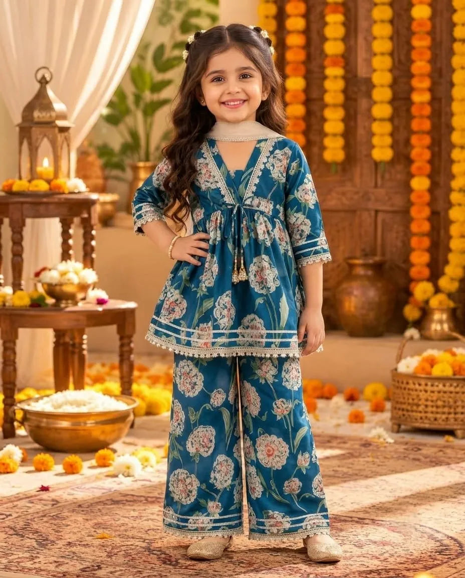 Girls Cotton Floral Kurta Palazzo Set with Dupatta
