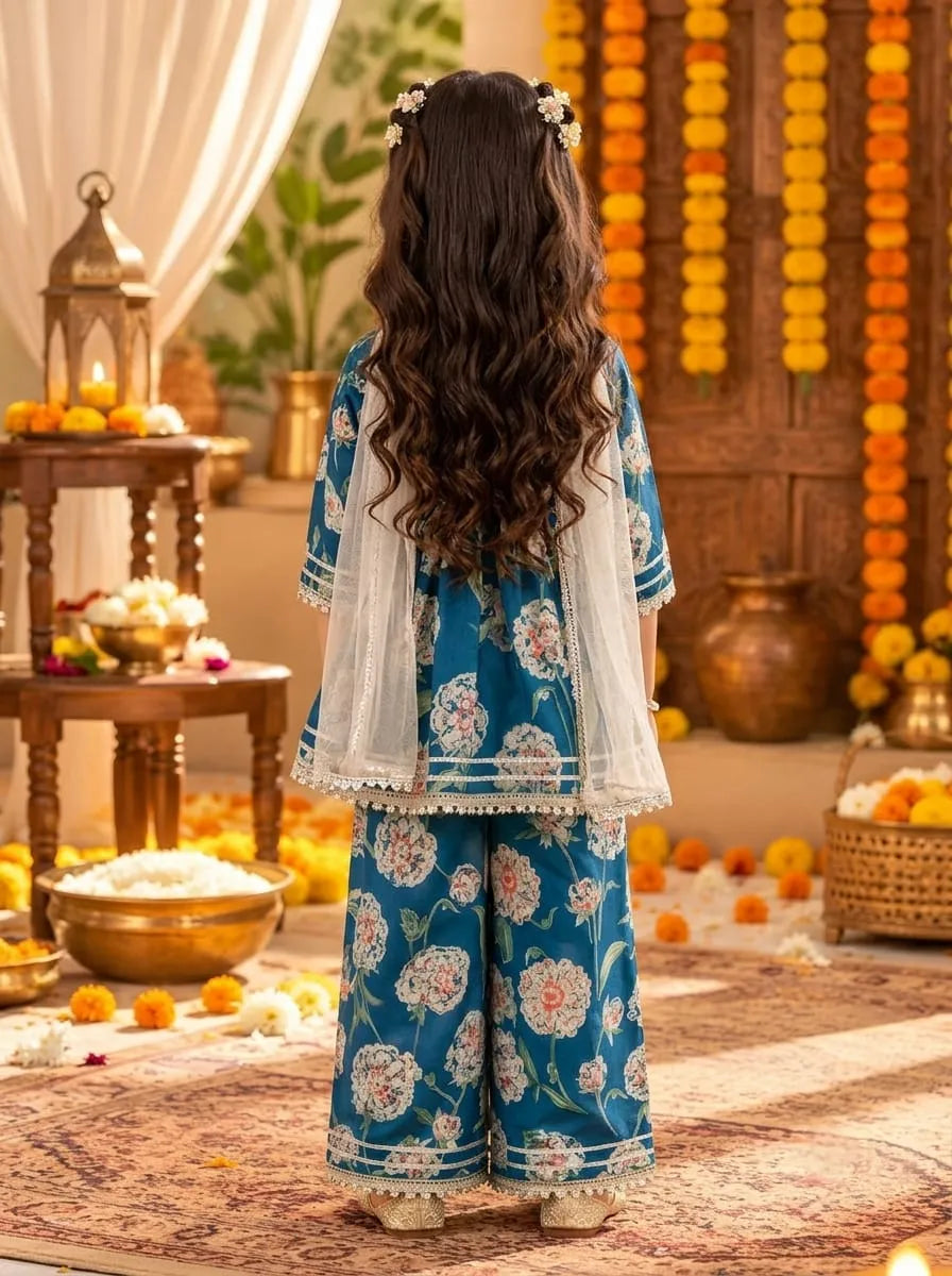 Girls Cotton Floral Kurta Palazzo Set with Dupatta