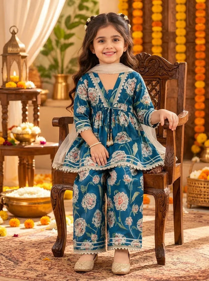 Girls Cotton Floral Kurta Palazzo Set with Dupatta