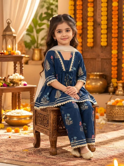Girls Cotton Floral Kurta Palazzo Set with Dupatta