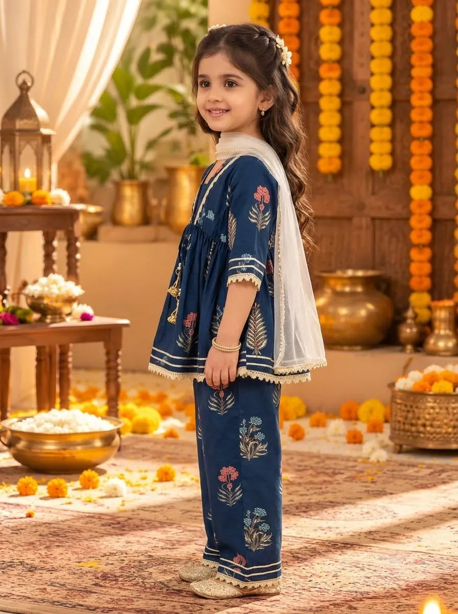 Girls Cotton Floral Kurta Palazzo Set with Dupatta