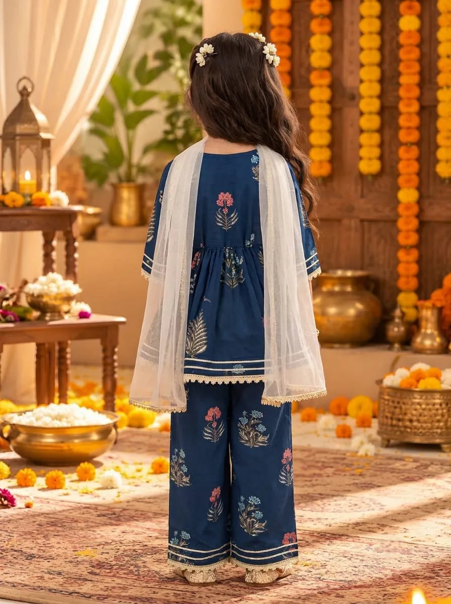 Girls Cotton Floral Kurta Palazzo Set with Dupatta