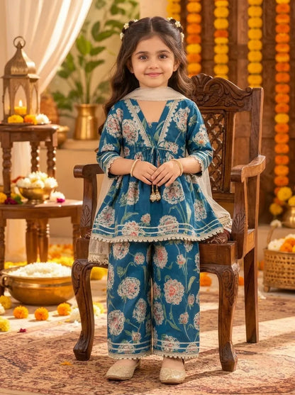 Girls Cotton Floral Kurta Palazzo Set with Dupatta
