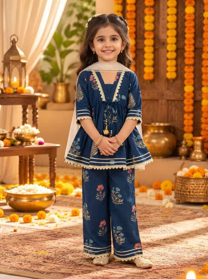 Girls Cotton Floral Kurta Palazzo Set with Dupatta