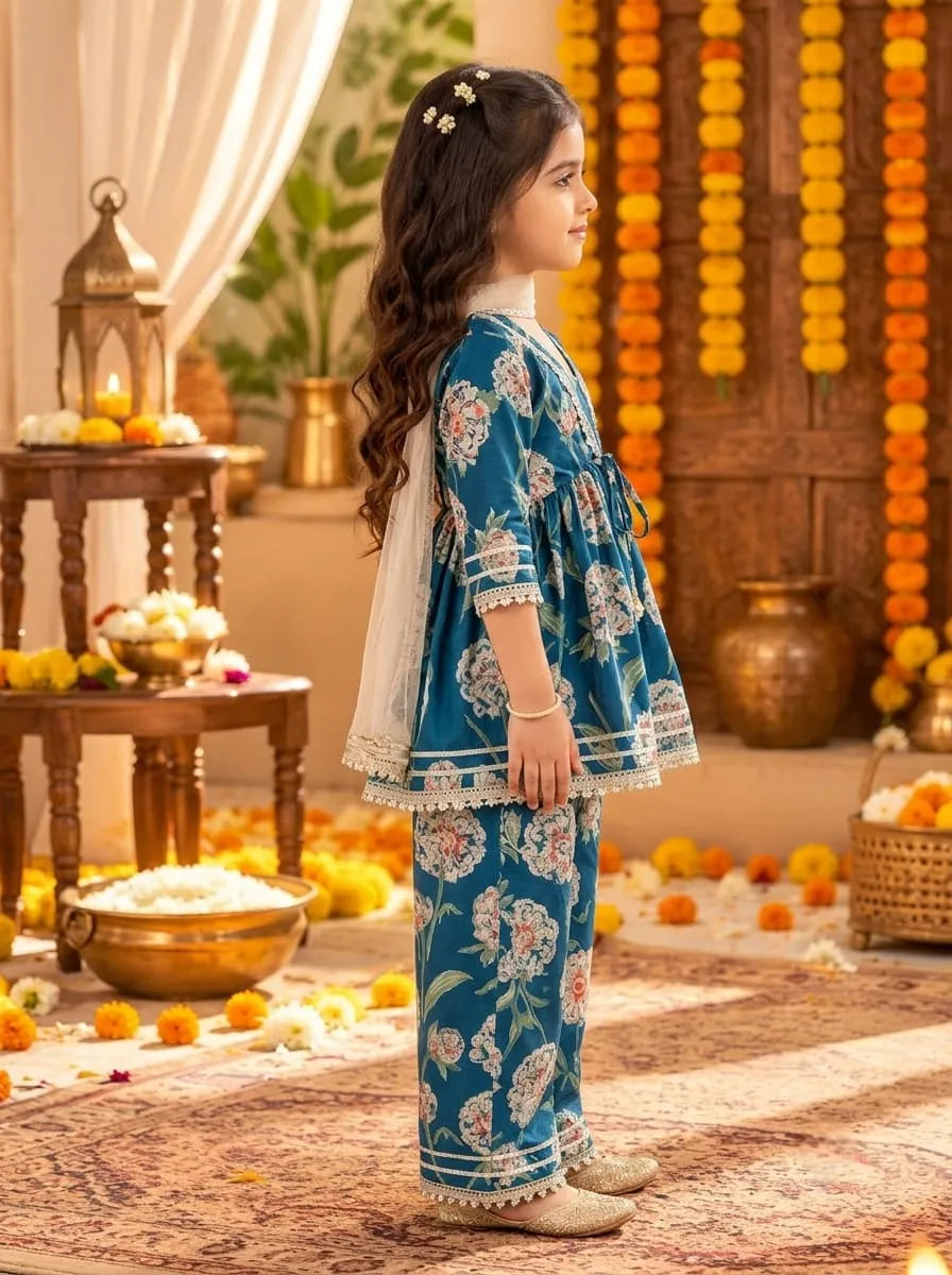 Girls Cotton Floral Kurta Palazzo Set with Dupatta