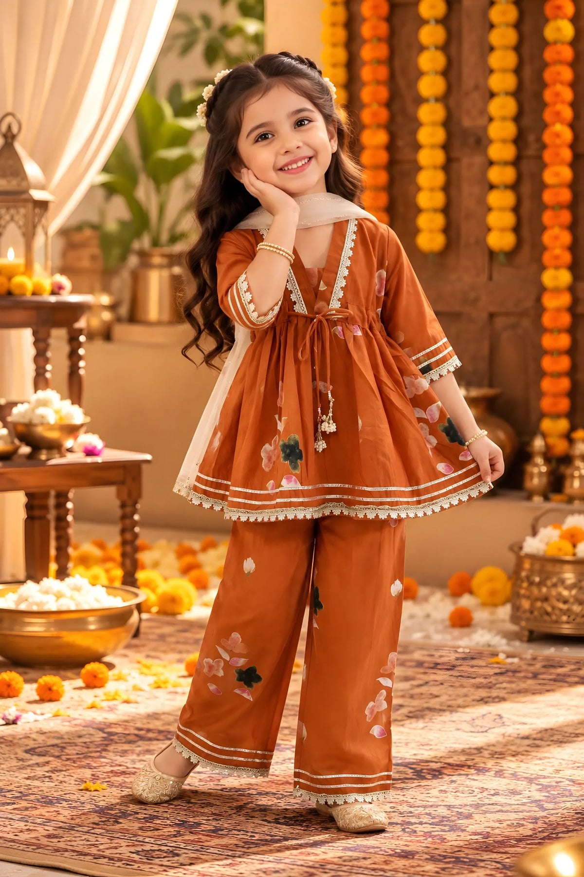 Girls Cotton Floral Kurta Palazzo Set with Dupatta