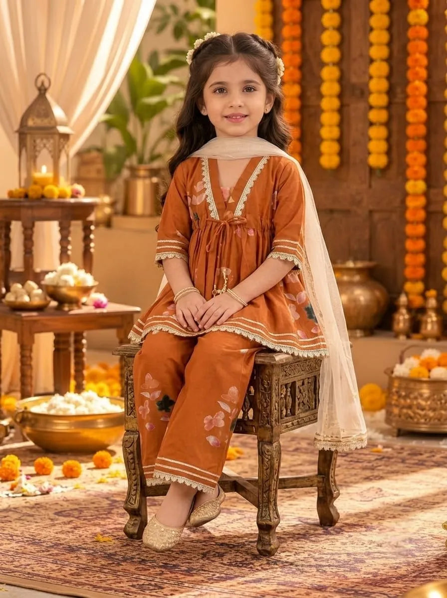 Girls Cotton Floral Kurta Palazzo Set with Dupatta