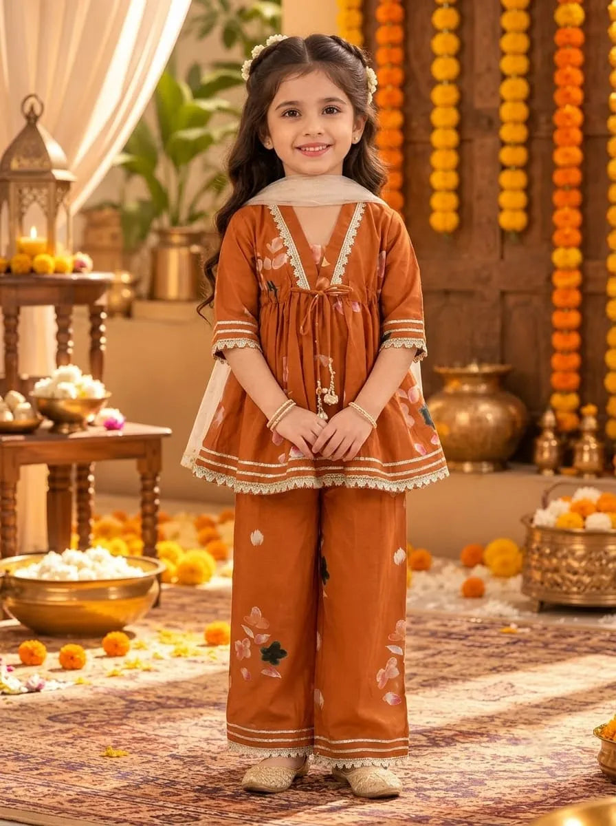 Girls Cotton Floral Kurta Palazzo Set with Dupatta