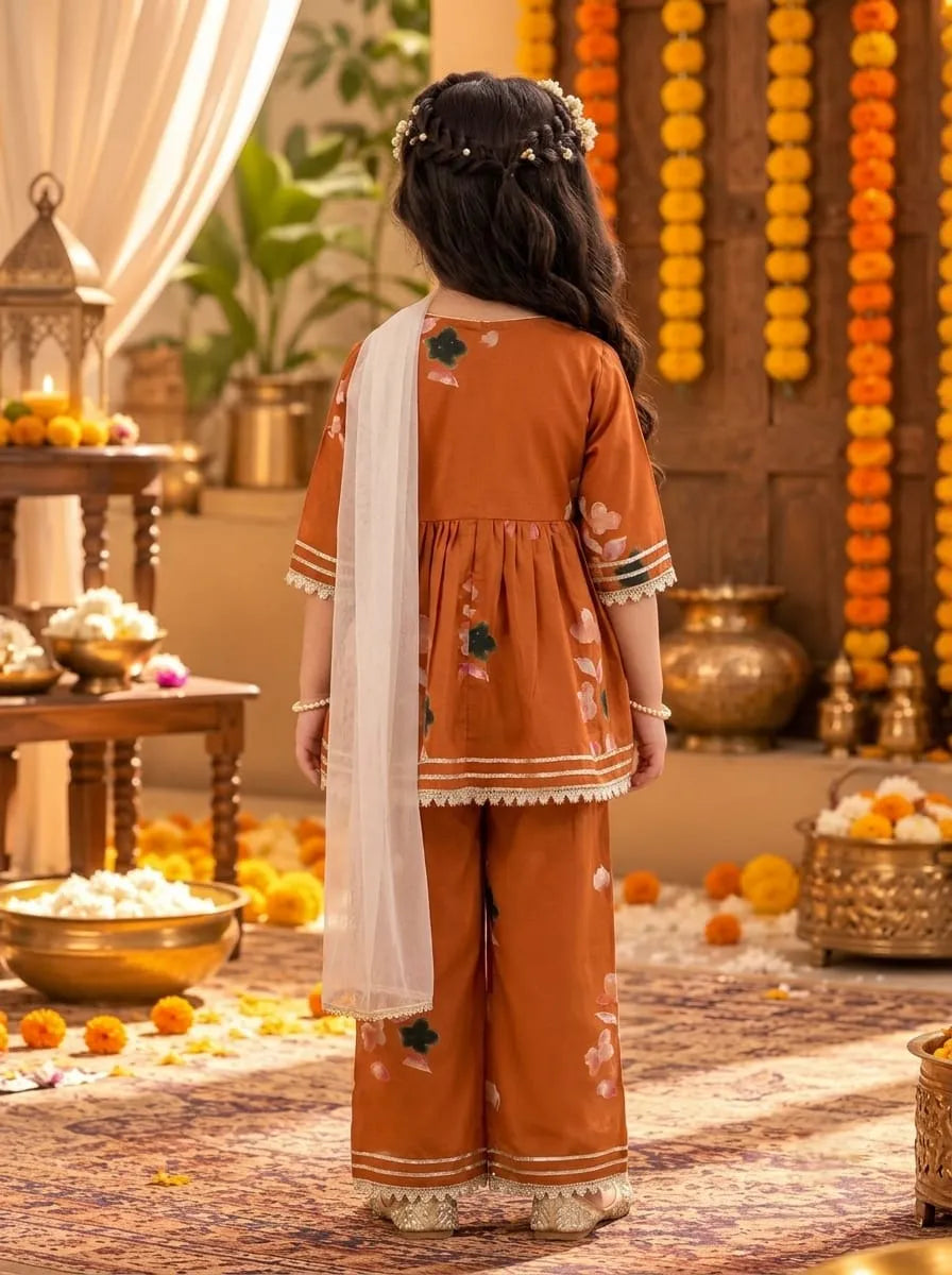 Girls Cotton Floral Kurta Palazzo Set with Dupatta