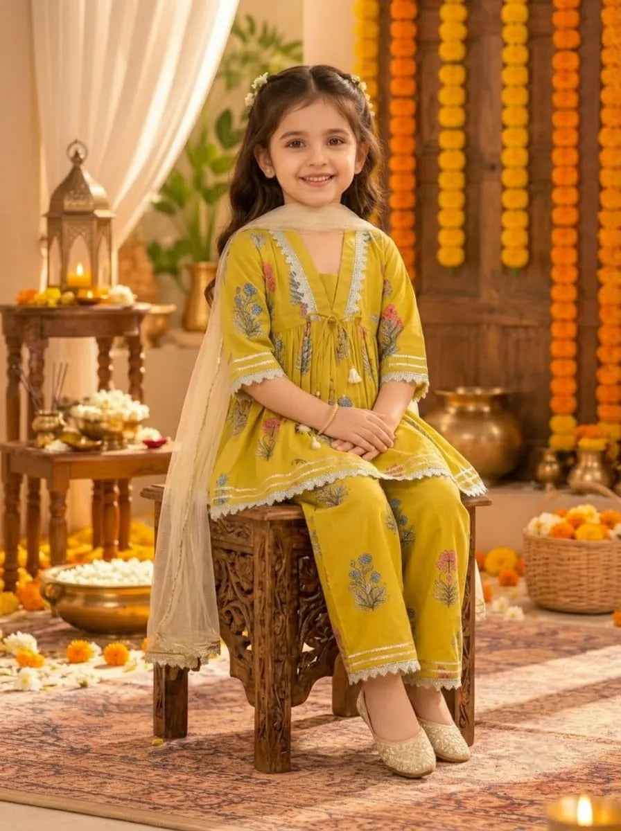 Girls Cotton Floral Kurta Palazzo Set with Dupatta