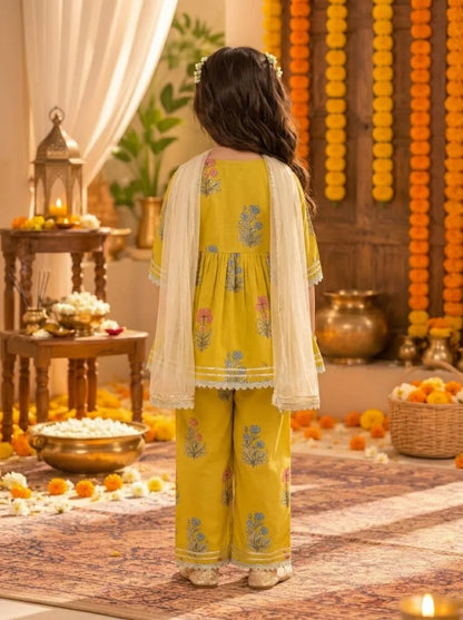 Girls Cotton Floral Kurta Palazzo Set with Dupatta