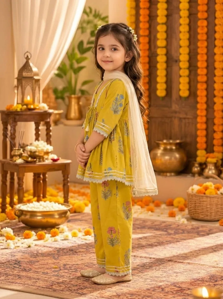 Girls Cotton Floral Kurta Palazzo Set with Dupatta