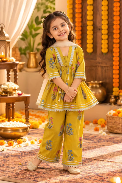 Girls Cotton Floral Kurta Palazzo Set with Dupatta