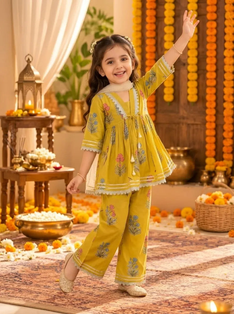 Girls Cotton Floral Kurta Palazzo Set with Dupatta