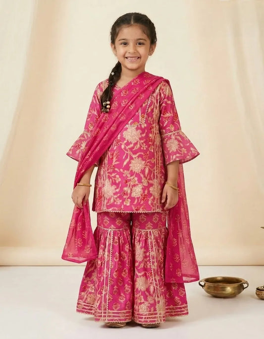 Girls Cotton Floral Printed Kurti Sharara Dupatta Set