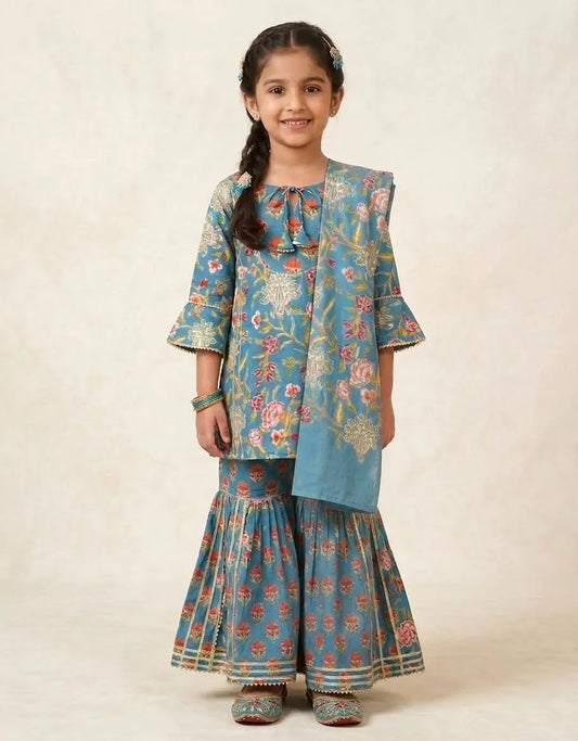 Girls Cotton Floral Printed Kurti Sharara Dupatta Set