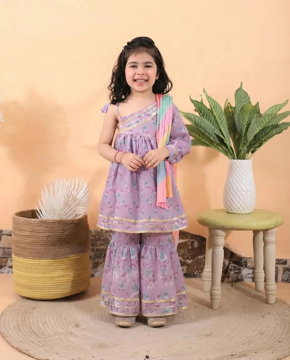 Girls Cotton One Side Sleeveless Kurti Sharara Set with Tie-Dye Contrast Dupatta