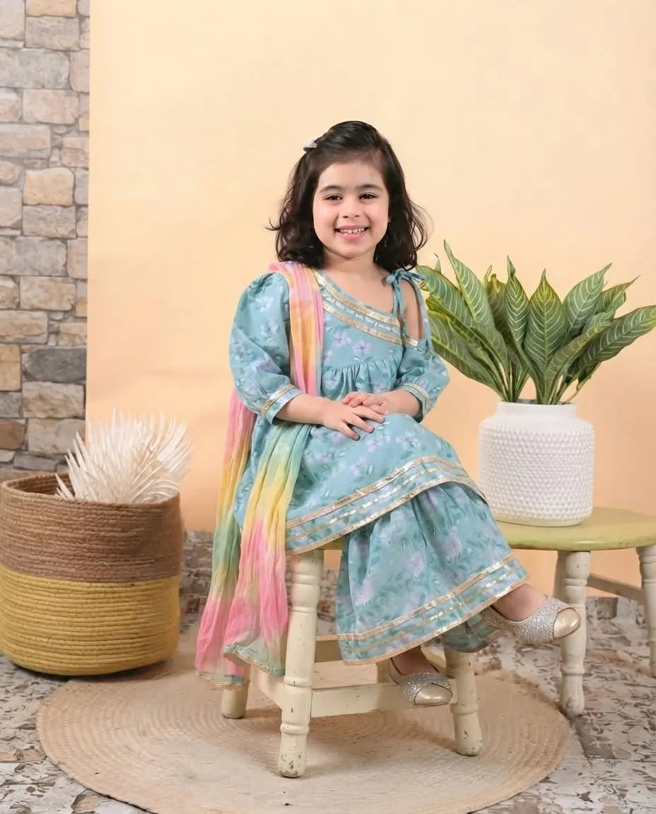 Girls Cotton One Side Sleeveless Kurti Sharara Set with Tie-Dye Contrast Dupatta